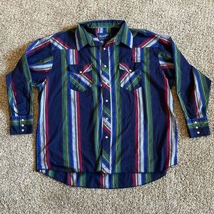WRANGLER Men’s Blue Striped Western Shirt GUC Size 19 XLong Tails